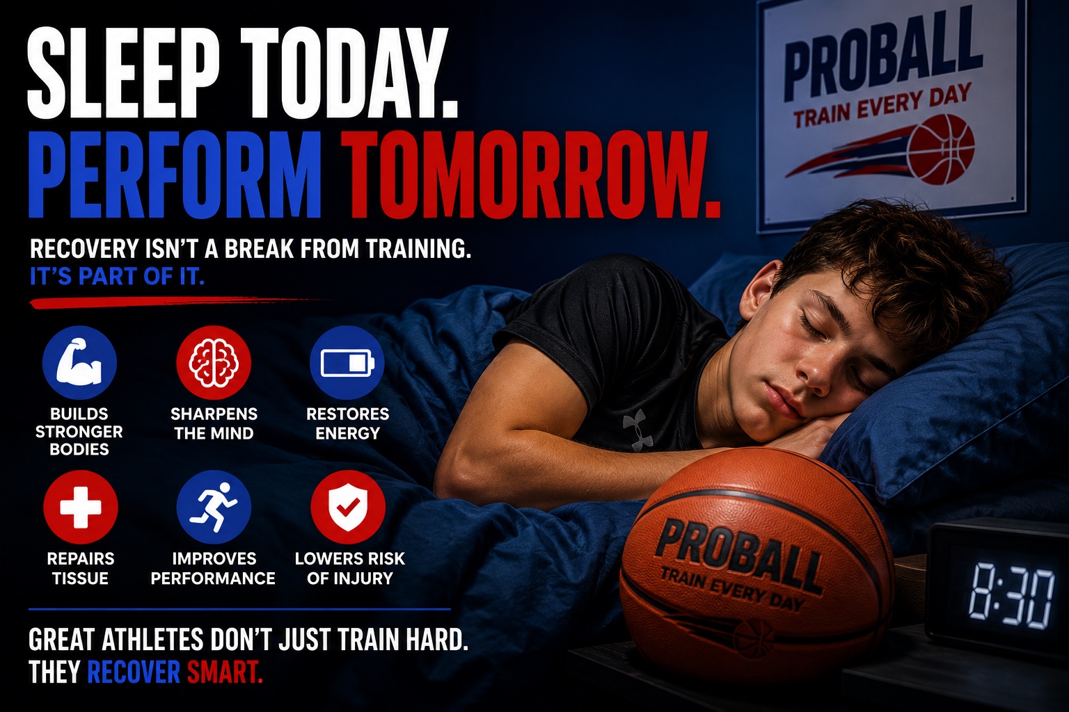 A young basketball player sleeps peacefully beside a basketball in a dark bedroom, while bold text reads “Sleep Today. Perform Tomorrow.” Infographic icons highlight the benefits of recovery, including building stronger bodies, sharpening the mind, restoring energy, repairing tissue, improving performance and reducing injury risk. The image emphasizes that recovery is an essential part of athletic development, not a break from training.